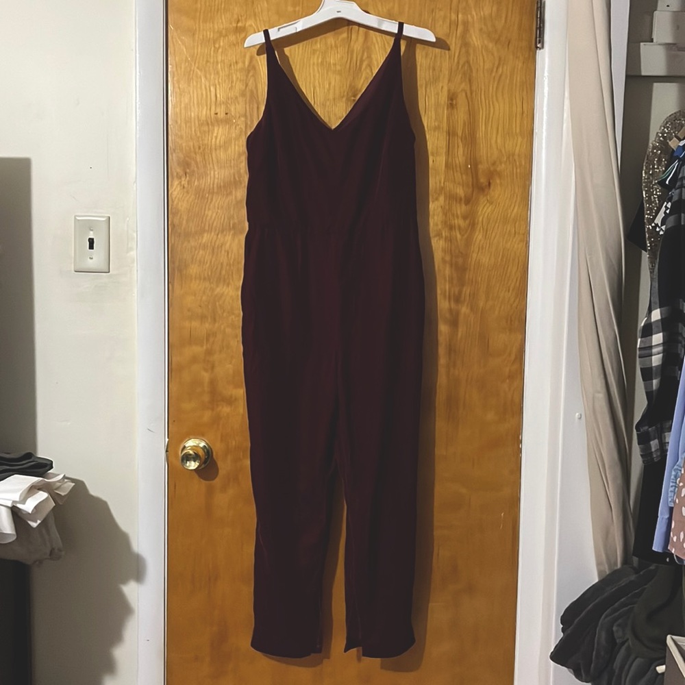 Maroon/burgundy velour Banana Republic jumpsuit.